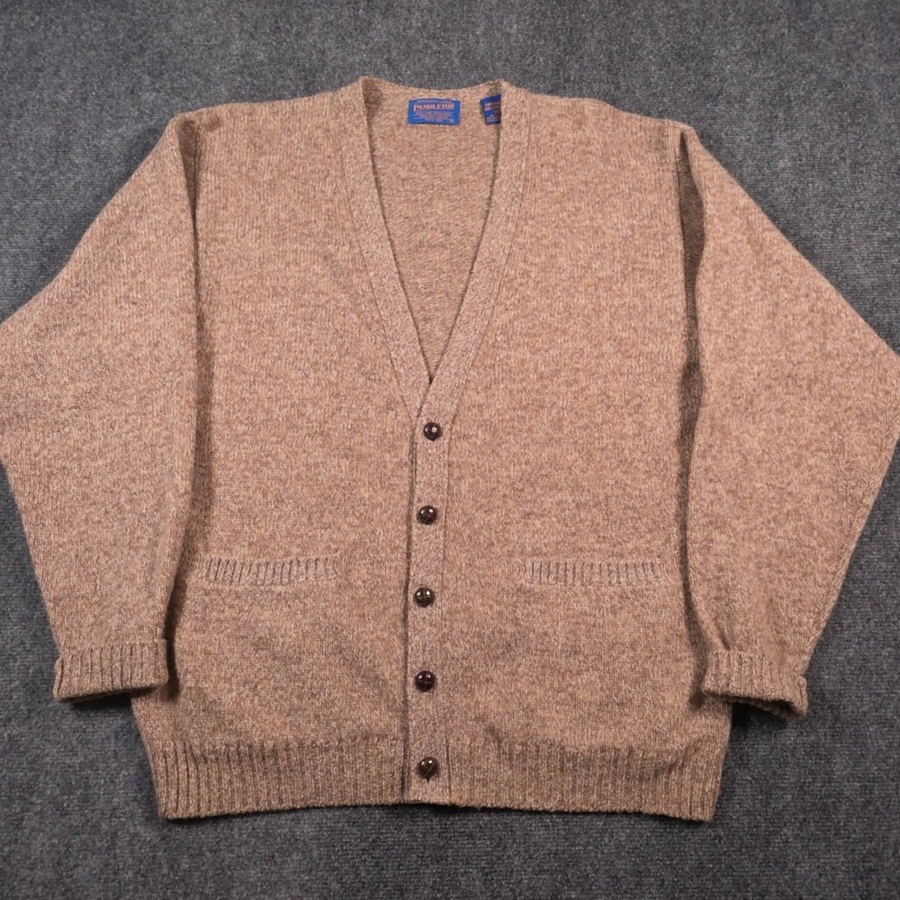 Pendleton Shetland Wool Cardigan Sweater Mens M Tan Brown V-Neck Grandpa READ